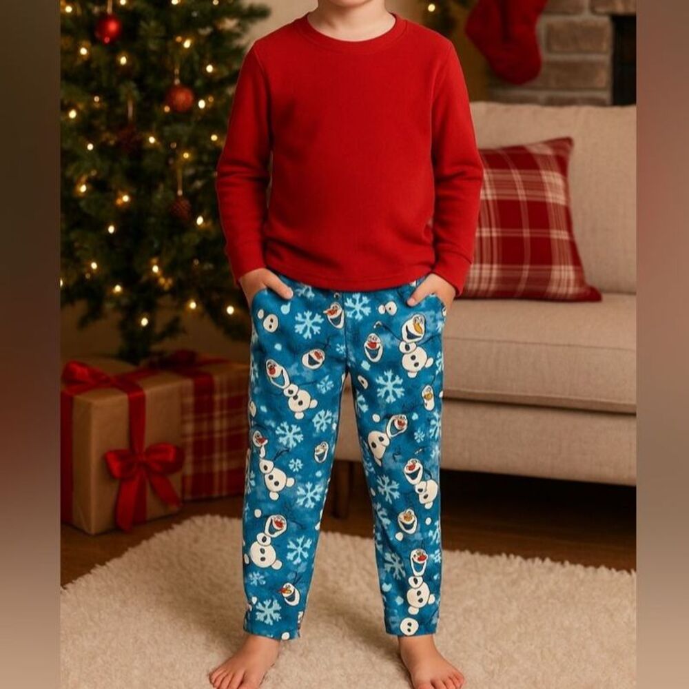 Disney Frozen Boys 8 Medium PJ Pants Bottoms Pajamas Olaf Snowflake Blue Fleece